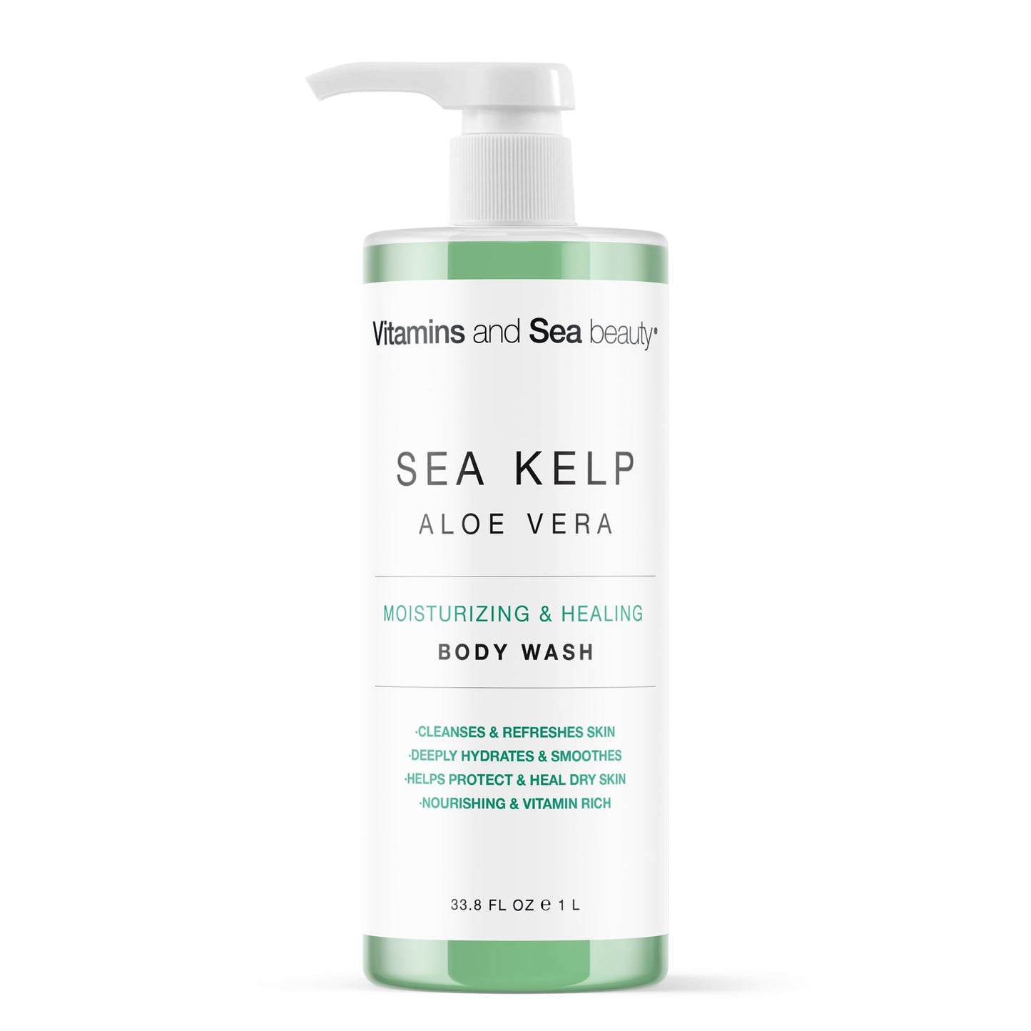 Vitamins And Sea Beauty - Body Wash Shower Gel with Sea Kelp & Aloe Vera. Jabón Corporal Líquido Hidratante y Reparador con Alga Marina y Aloe Vera 1 L