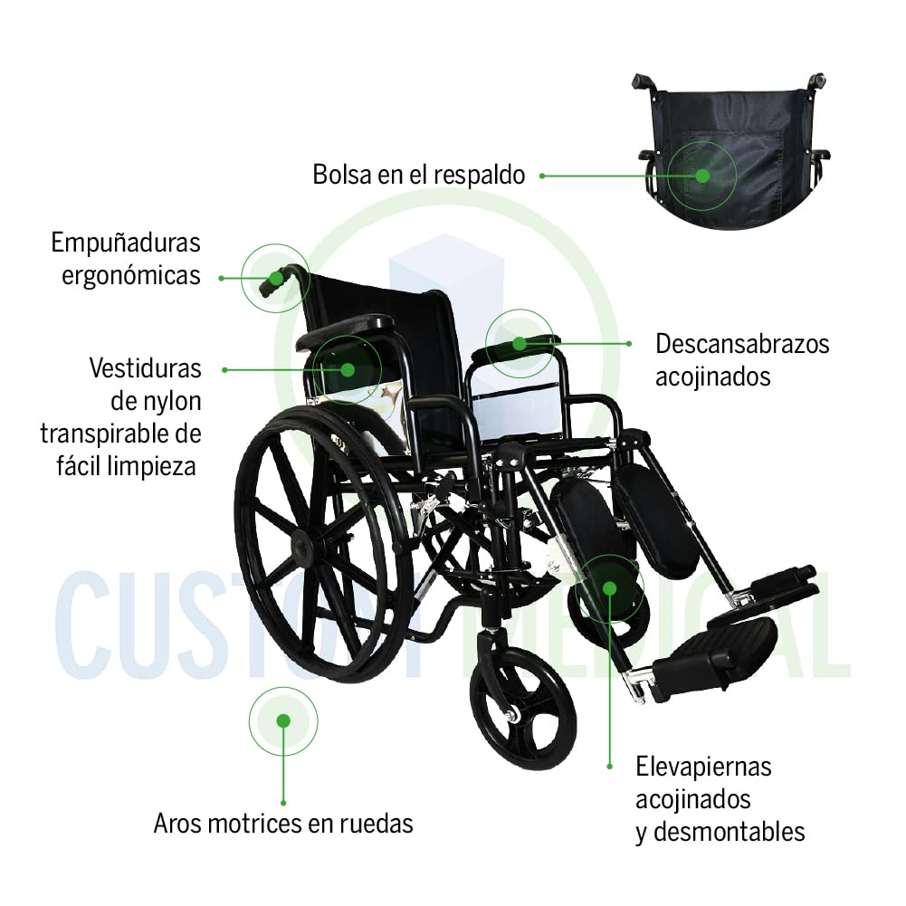 CUSTOM MEDICAL Silla de Ruedas de Lujo Folding Brazo Abatible Tipo Escritorio con Elevapiernas Ajustables y Desmontables Negro