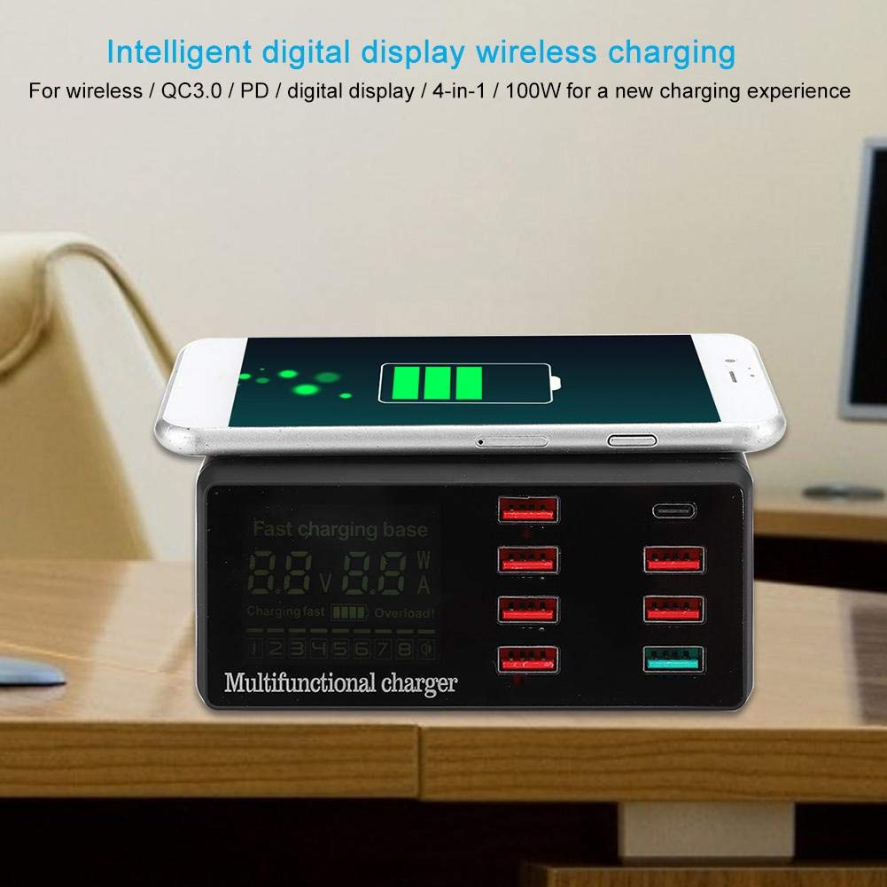 fosa1 Cargador inalámbrico de Pantalla Digital Inteligente, Cargador inalámbrico de Puertos múltiples QC3.0 Hub de estación de Carga de Escritorio con Puerto USB QC3.0(Negro US)
