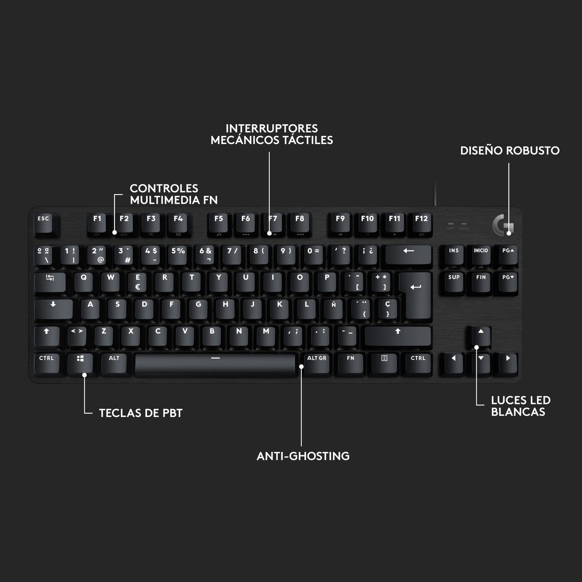 Teclado Mecánico Gaming Logitech TKL Aluminio Negro Retroiluminado Blanco