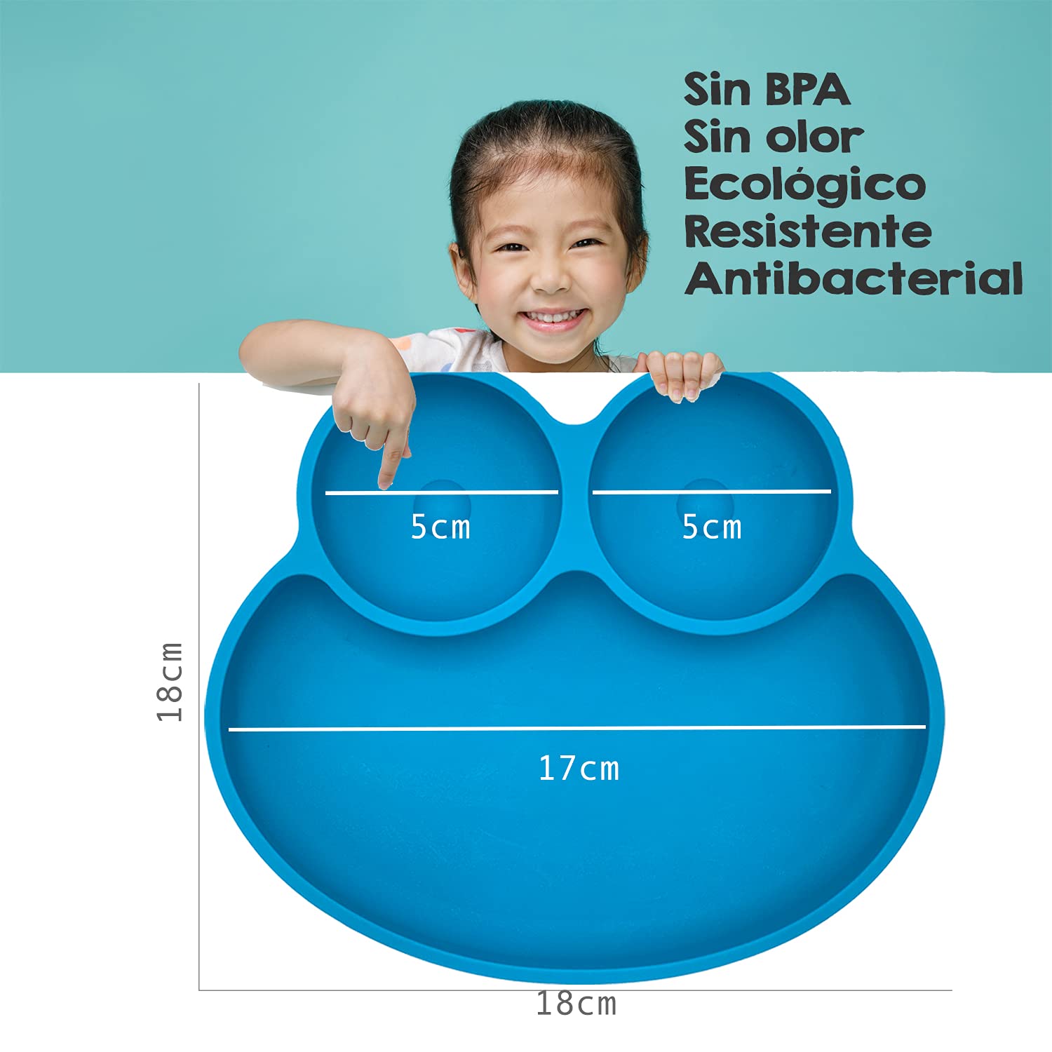 BBERIZOS Plato Antideslizante de Silicon, Cuchara Suave Encías para Bebé, Set Alimentación Complementaria de Silicona, Platos para Bebé con Divisiones, Vajilla para Niños Grado Alimenticio, Charola Silicon Alimentos Sólidos y BLW (Azul)