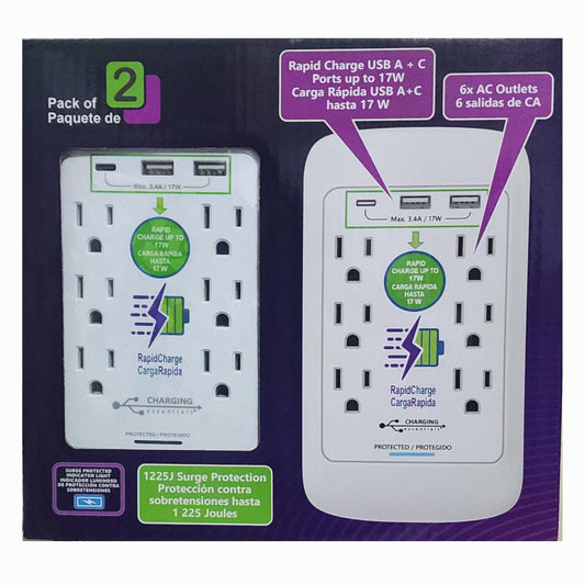 Charging Essentials: Cargador de pared con 3 puertos USB (1 USB-C y 2 USB-A), 5V/3.4A, protección contra sobretensiones, paquete de 2