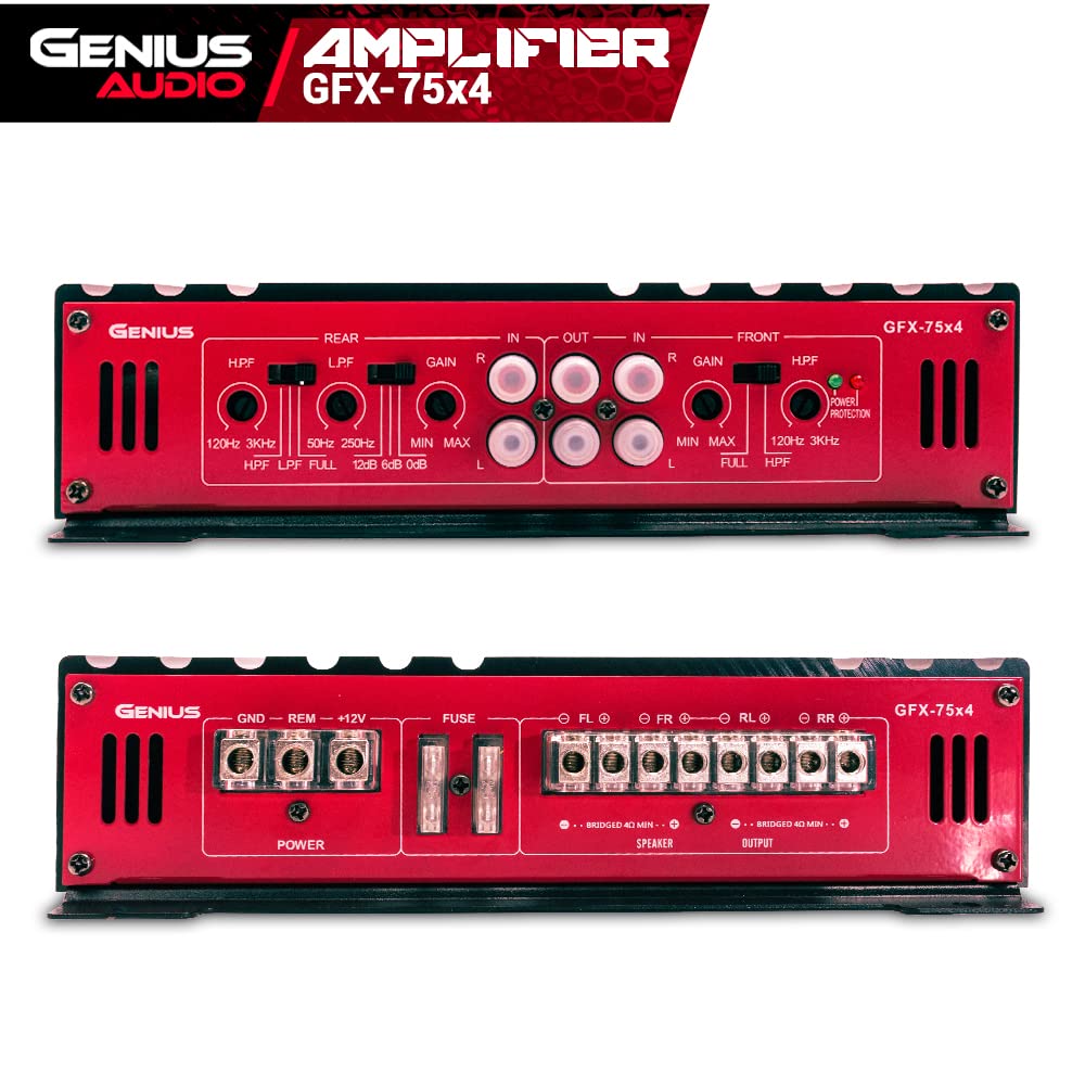 GENIUS- Amplificador de Audio Calase ab 4 Canales Fox GFX-75X4 / 1800 wmax. 75 wrms/estable a 2 ohms estereo/Car Audio, Open Show