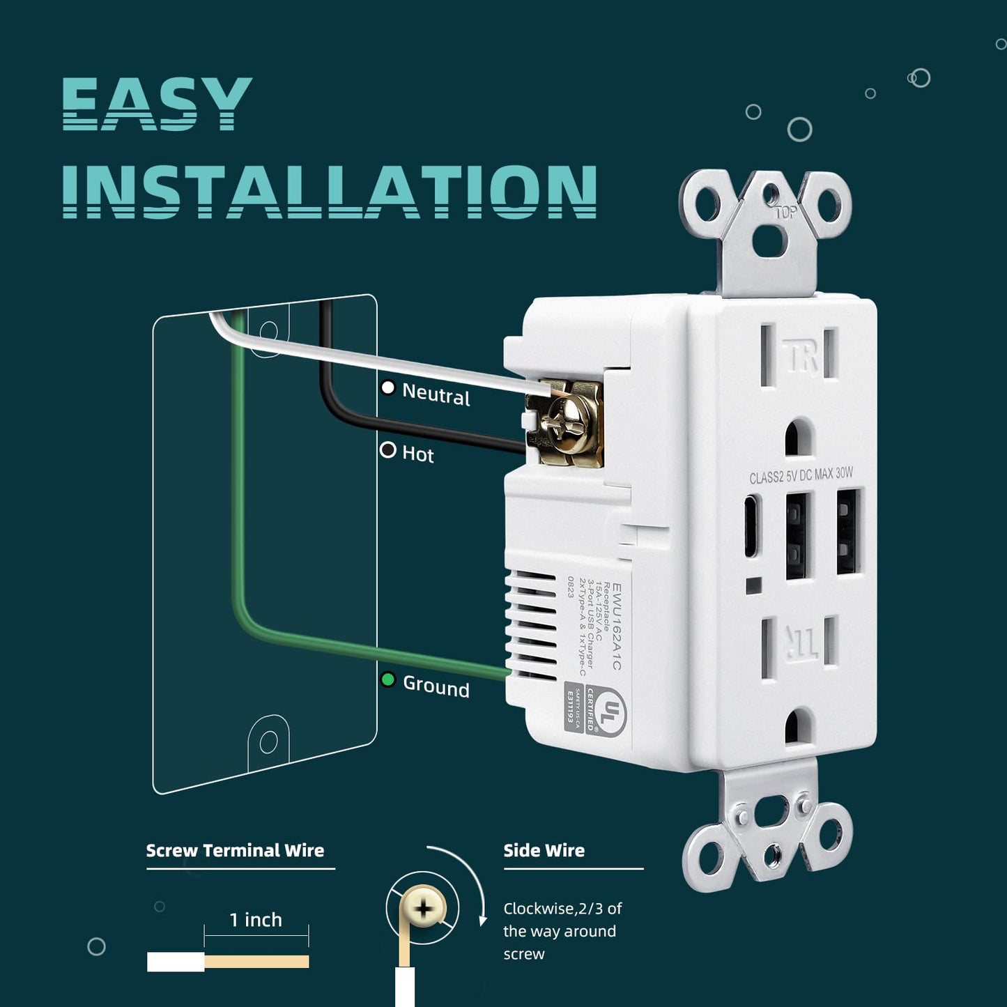 TOPELER - Tomacorrientes USB de pared, receptáculos de salida USB C de 3 puertos, de 30 W 6.0 A, 15 A, resistente a manipulaciones puertos USB C, certificación UL y FCC, placa sin tornillos, blanca