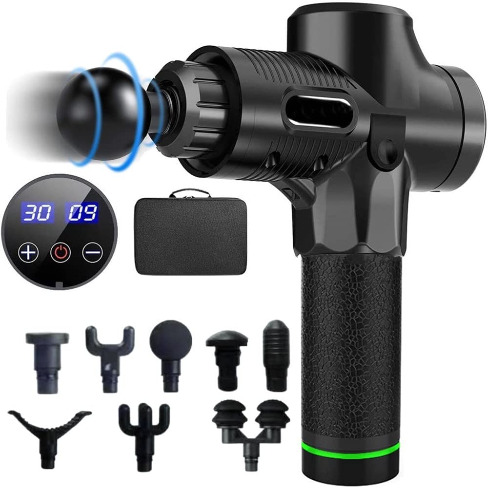 Pistola de masaje muscular, masajeador eléctrico de mano, masajeador muscular de tejido profundo con 10 cabezales de masaje y 30 velocidades ajustables para músculos, hombros, cuello, espalda, piernas y pantorrillas