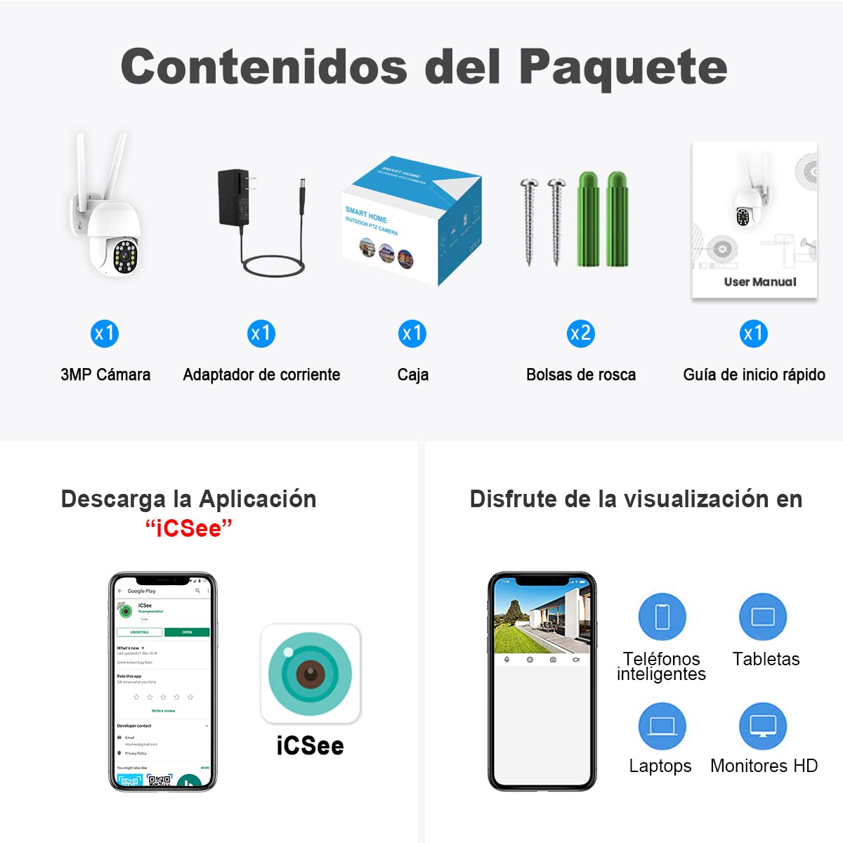 Cámara de Seguridad Easyao C03 Exterior WiFi 2K 3MP Visión Nocturna Audio Bidireccional Detección de Movimiento Alexa