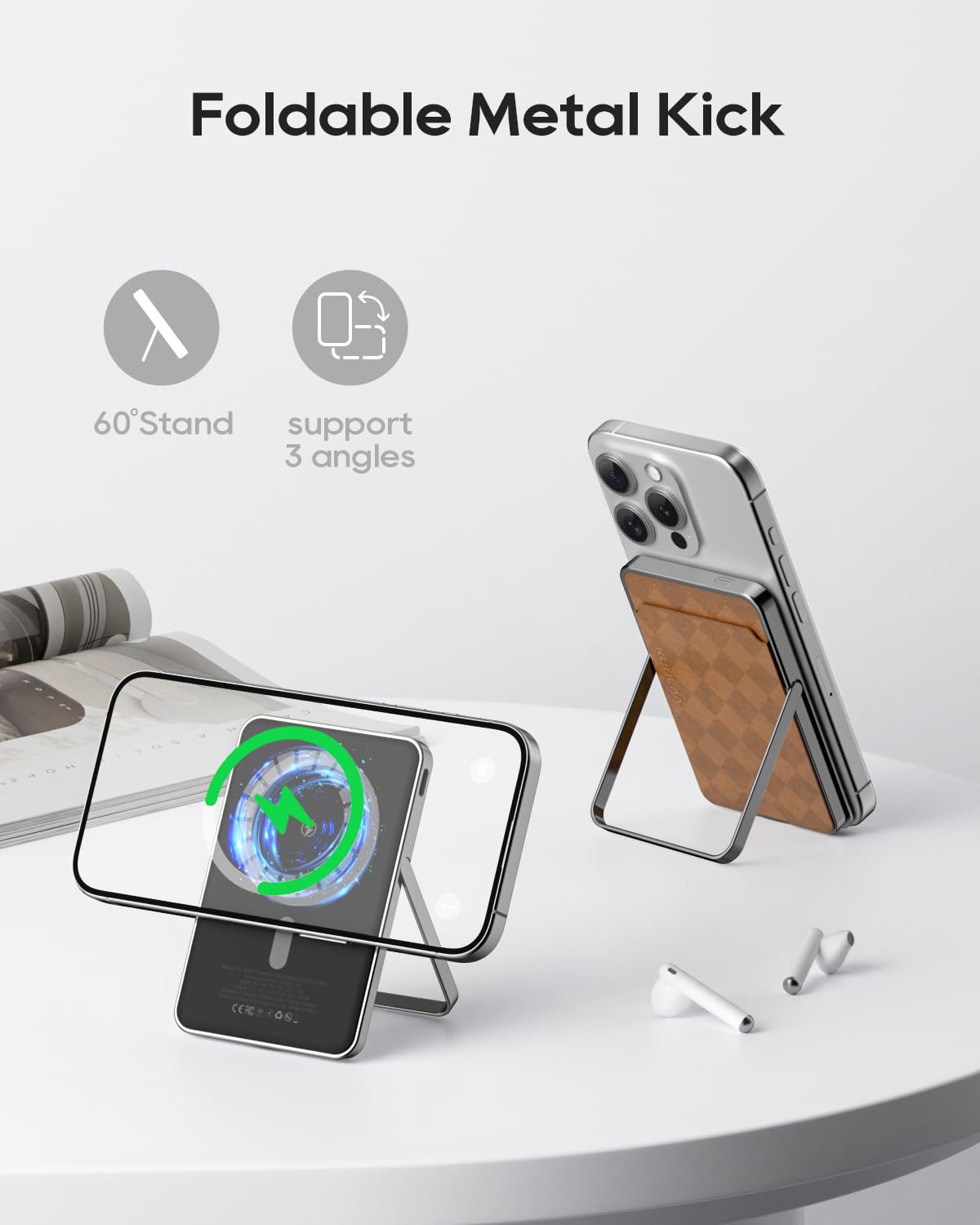 Kuulaa Power Bank Magnético 10000mAh, Batería Portátil Ultra Delgada 0.41 Pulgadas, Carga Rápida PD20W USB-C, Soporte Plegable con Ranura para Tarjetas, Compatible con iPhone 12-16 y Samsung Galaxy