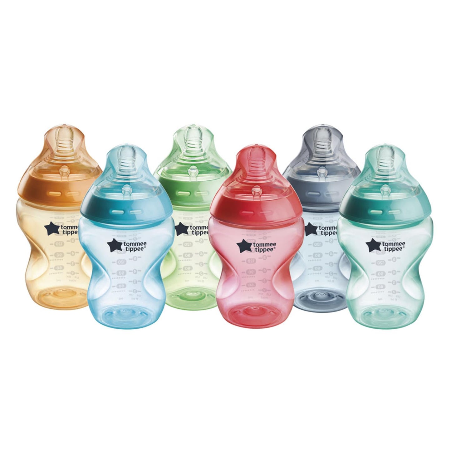 Biberones Tommee Tippee Multicolor con Válvula Anticólico y Tetina Natural, Lenta, 9 Onzas, 6 Pack