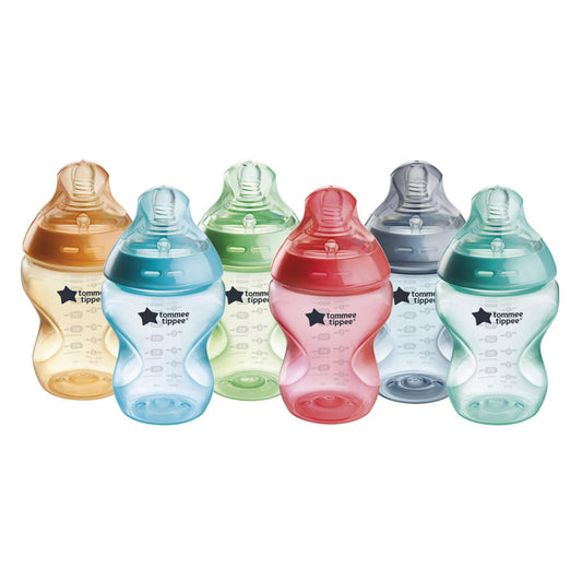 Biberones Tommee Tippee Multicolor con Válvula Anticólico y Tetina Natural, Lenta, 9 Onzas, 6 Pack