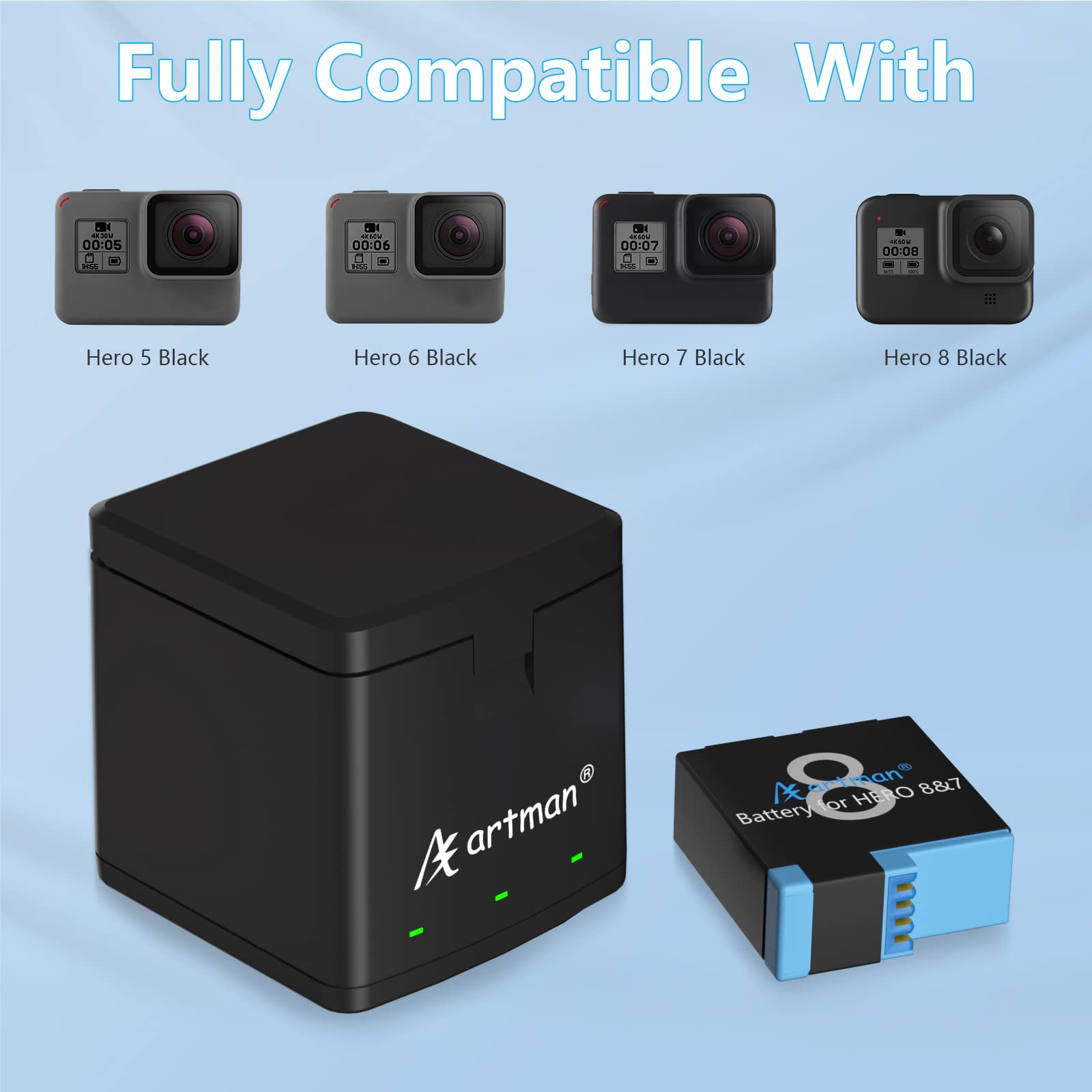 Artman Batería de 1500mAh (Paquete de 3) para GoPro Hero 8/7/6/5 Black y Cargador USB LED de 3 Canales Compatible con la Batería y el Cargador de la GoPro Hero 8