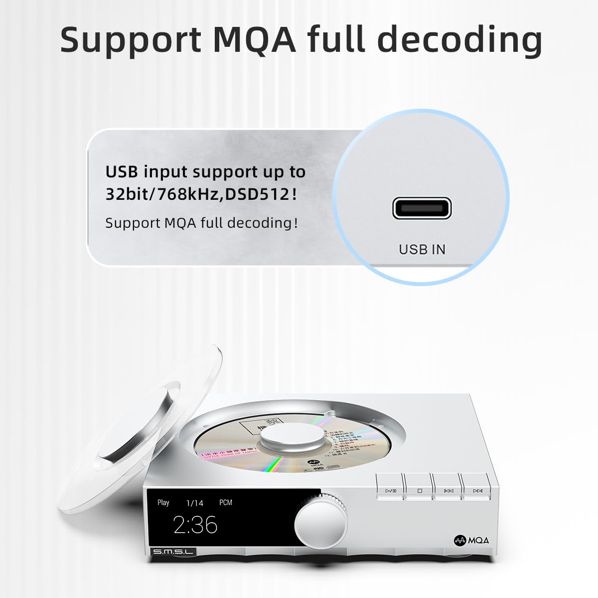 S.M.S.L PL200T MQA-CD Referencia Digital Transporte Triple Modos de Potencia, Precisión antivibración 32 bits/768 kHz DSD512 Reloj de entrada y salida 44.1 kHz/10 MHz MQA Reproductor de CD de