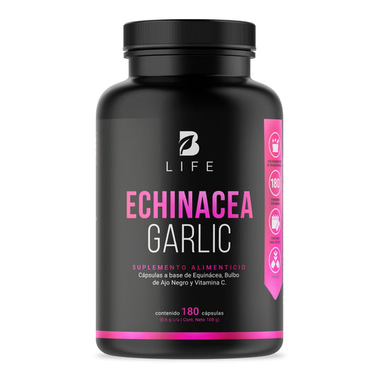 B Life Equinácea de 180 Cápsulas de 600 mg. Adicionado con Ajo Negro y Vitamina C. Ingredientes naturales. Echinacea Garlic.
