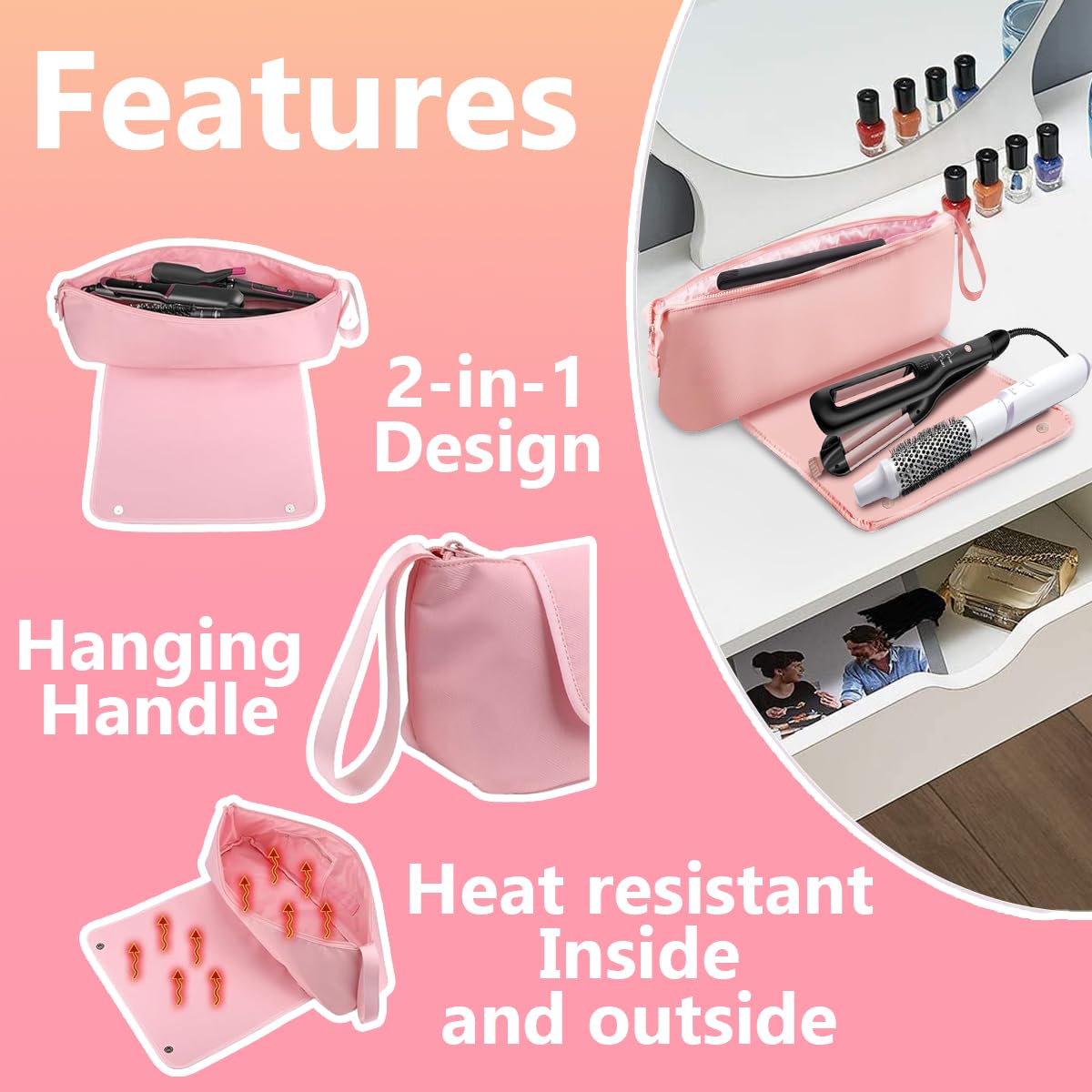 Hair Tools - Bolsa de viaje, funda de viaje de hierro plano 2 en 1 con almohadillas resistentes al calor, bolsos de viaje para peluquería resistente al calor para rizadores (Rosa)