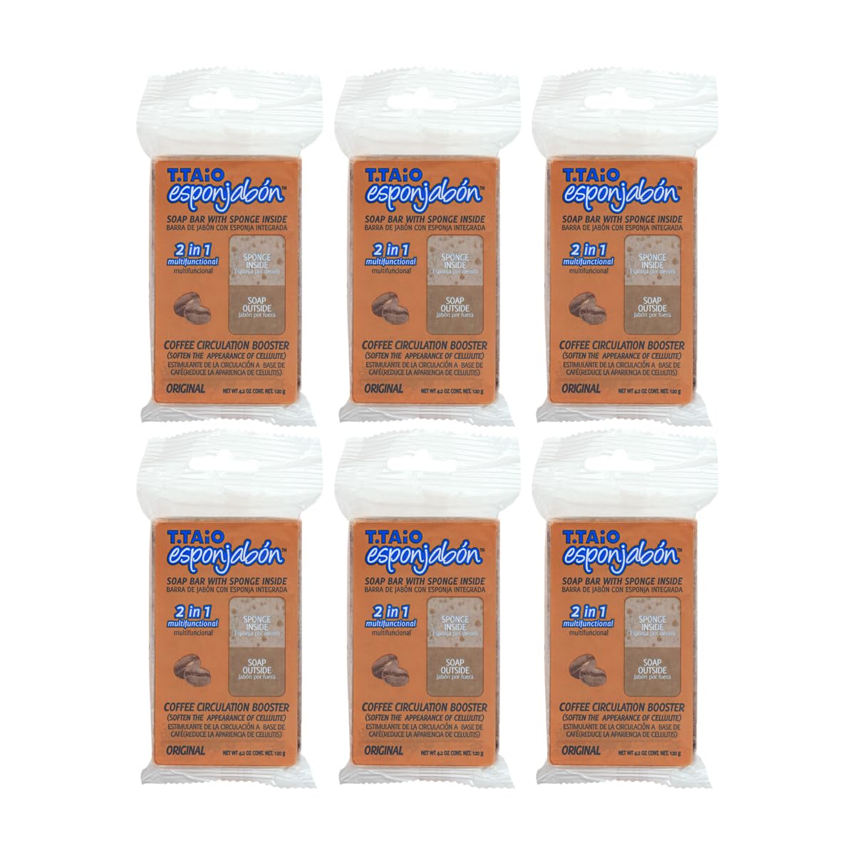 Jabón Corporal con Esponja Integrada 2 en 1, Exfoliación Suave, Aroma Café, Pack 6 Piezas, ESPONJABON T.TAIO