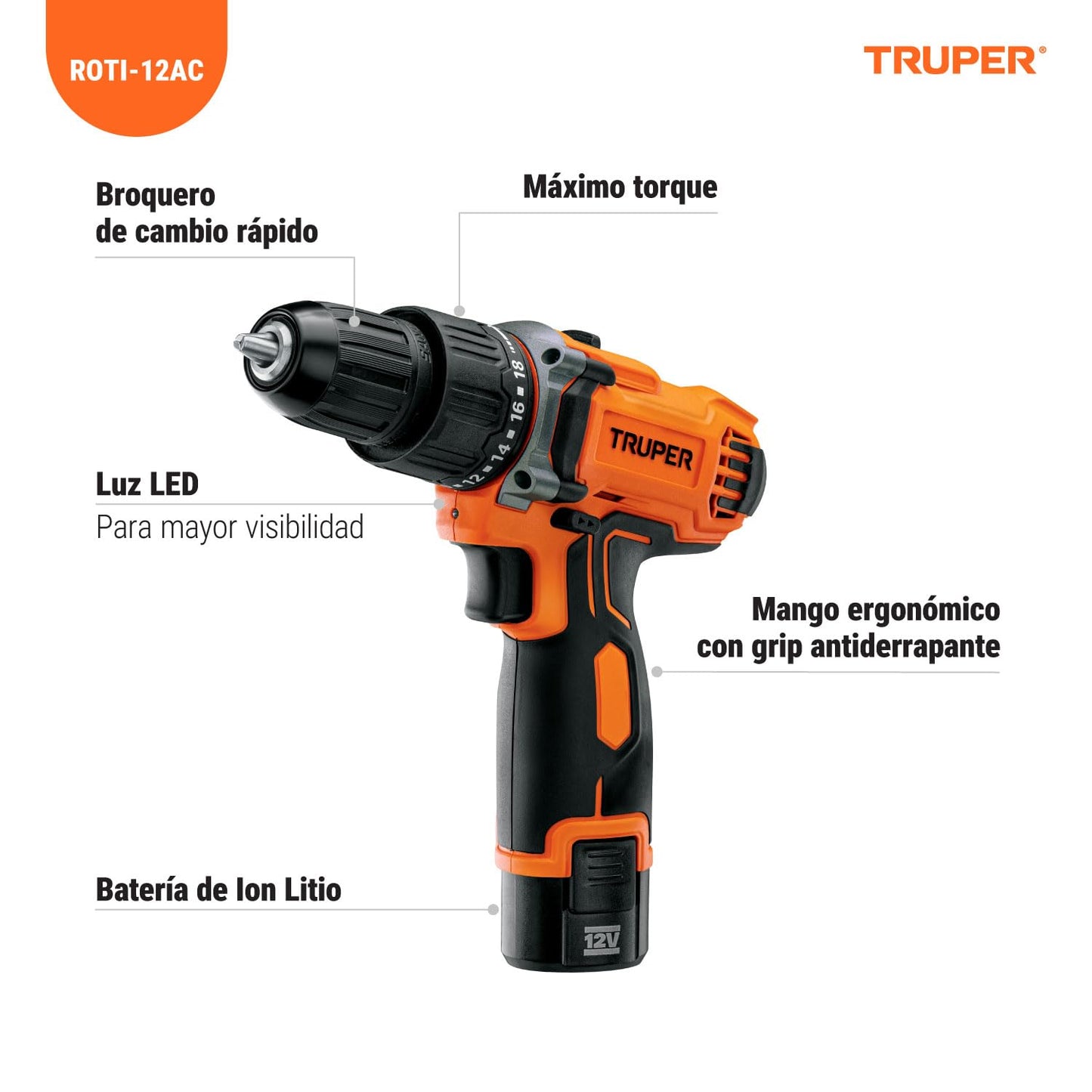 Truper ROTI-12AC, Rotomartillo compacto inalámbrico 3/8", 12 V con 1 batería de Ion Litio 2 Ah