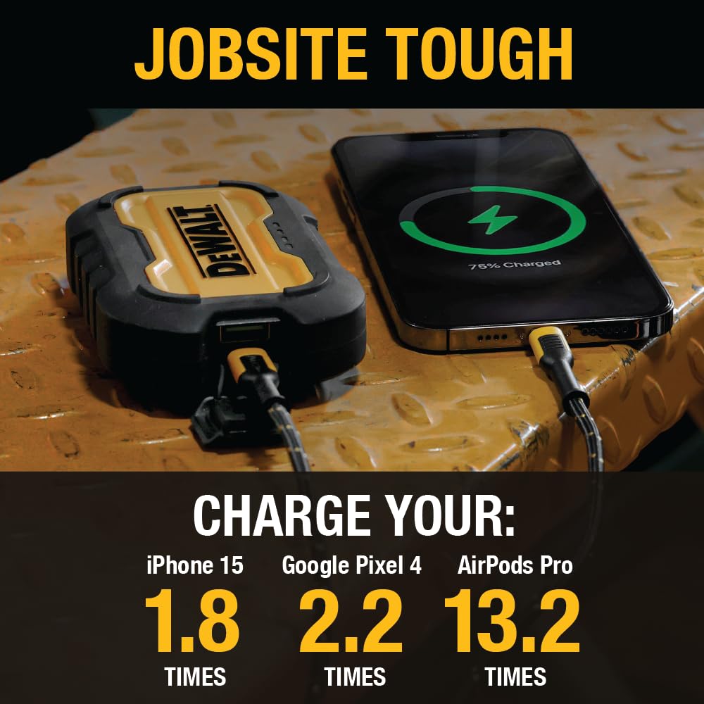 DEWALT Cargador portátil, Power Bank, batería de 10.000 mAh con Puerto USB-C para iPhone 15/15 Plus/15 Pro/15 Pro MAX, iPhone 14/13, Samsung Galaxy.