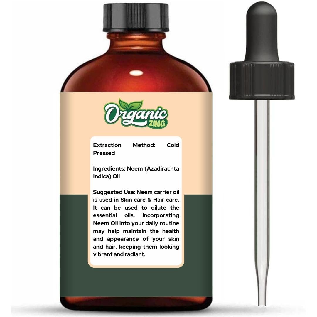Organic Zing Neem (Azadirachta Indica) Oil | Pure & Natural Carrier Oil for Skin Care & Hair Care - 118ml/3.99fl oz