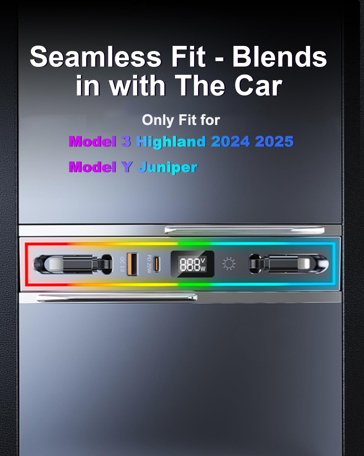 DICMKY Tesla Hub USB para modelo 3 Highland 2024-2025 y modelo Y Juniper 2026 con luz RGB, estación de acoplamiento de 4 puertos Tesla Regalos para hombres, Tesla Cargador de teléfono Tesla Hub de