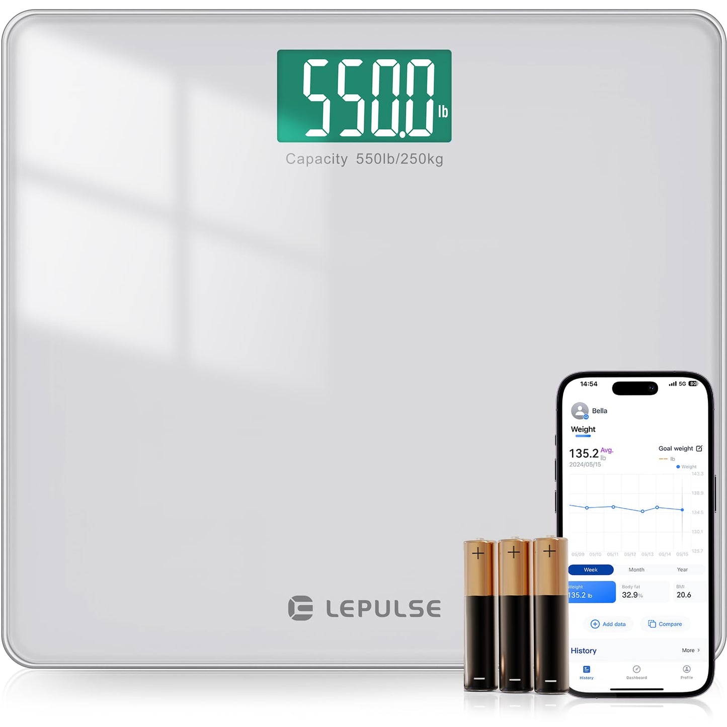LEPULSE Báscula digital de baño de 550 libras para peso corporal IMC, plataforma extra ancha de alta capacidad, pantalla retroiluminada grande, báscula de baño más precisa de hasta 500 libras, báscula