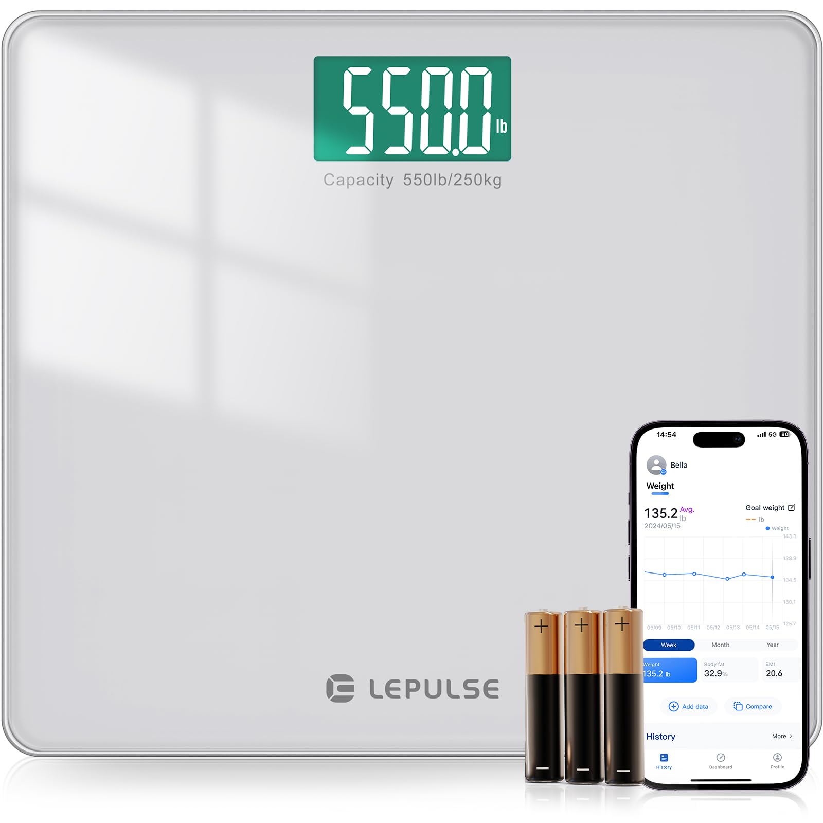 LEPULSE Báscula digital de baño de 550 libras para peso corporal IMC, plataforma extra ancha de alta capacidad, pantalla retroiluminada grande, báscula de baño más precisa de hasta 500 libras, báscula