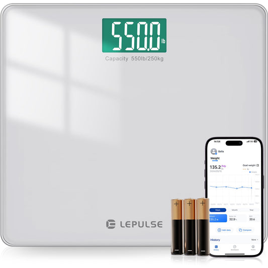 LEPULSE Báscula digital de baño de 550 libras para peso corporal IMC, plataforma extra ancha de alta capacidad, pantalla retroiluminada grande, báscula de baño más precisa de hasta 500 libras, báscula