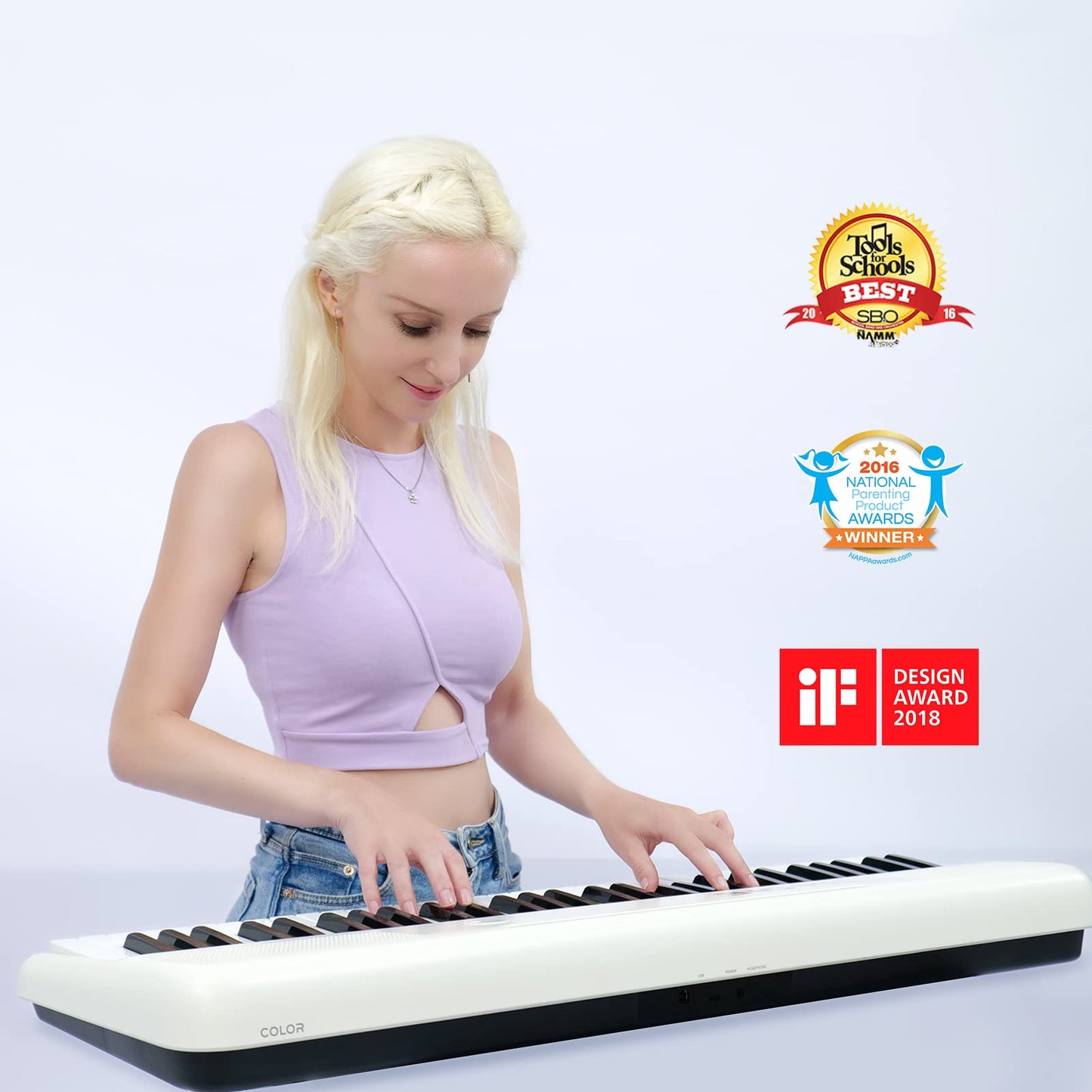 Teclado Inteligente The ONE Negro 61 Teclas Iluminadas Piano Eléctrico para Principiantes 256 Tonos y Luces LED Integradas