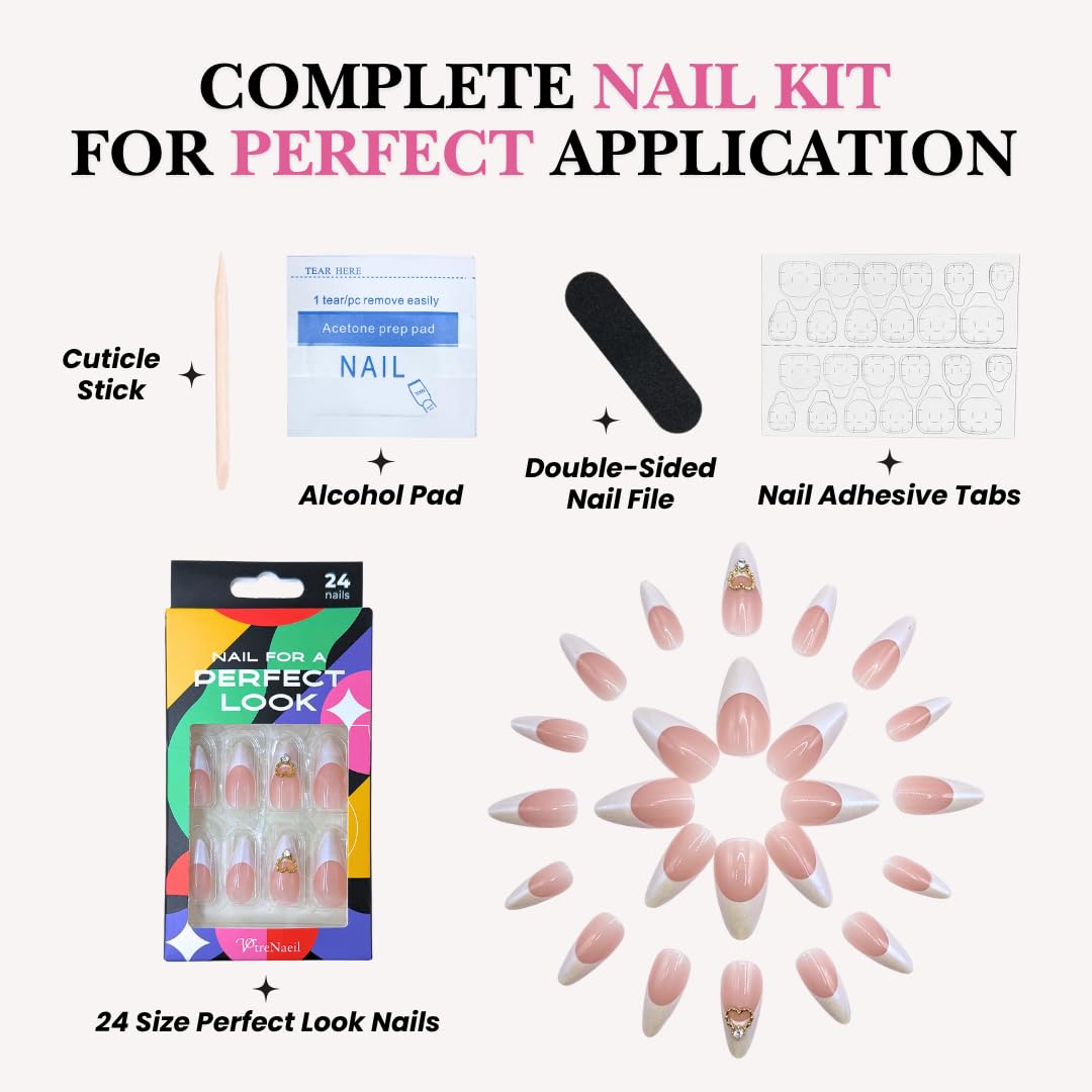 VotreNaeil Uñas postizas PerfectLook - Aurora Kiss | Uñas almendra nude sin pegamento con puntas francesas esmaltadas y dije de corazón dorado - Kit de 24 uñas con adhesivos