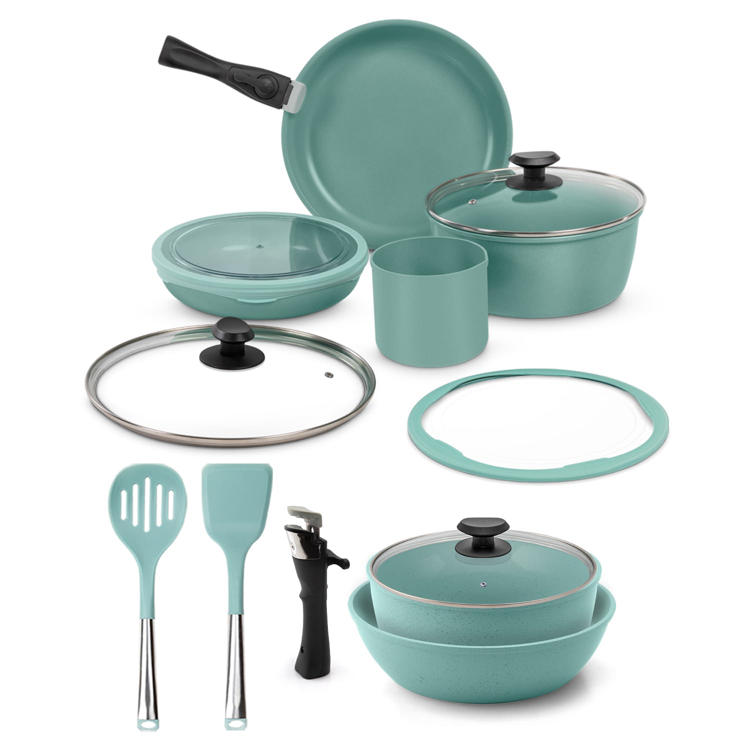 Batería de Cocina JadeCook Jade Smart 16 Piezas mango desmontable Recubrimiento Antiadherente Libre de Tóxicos