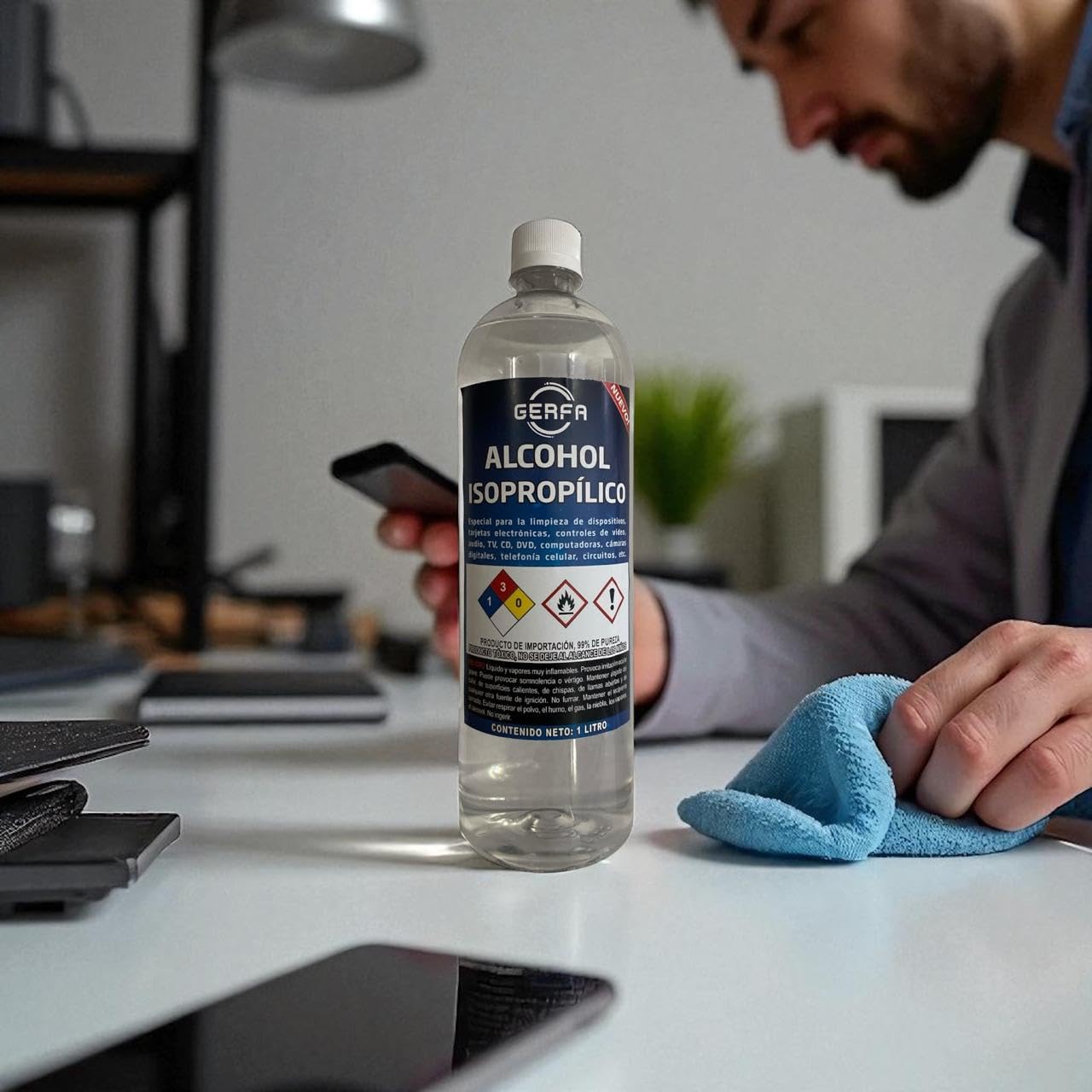 GERFA Alcohol Isopropílico 99% Pureza, 1 Litro - Ideal para Limpieza de Equipos Electrónicos, y Componentes Delicados. Alcohol de Alta Calidad para Mantenimiento y Uso Profesional