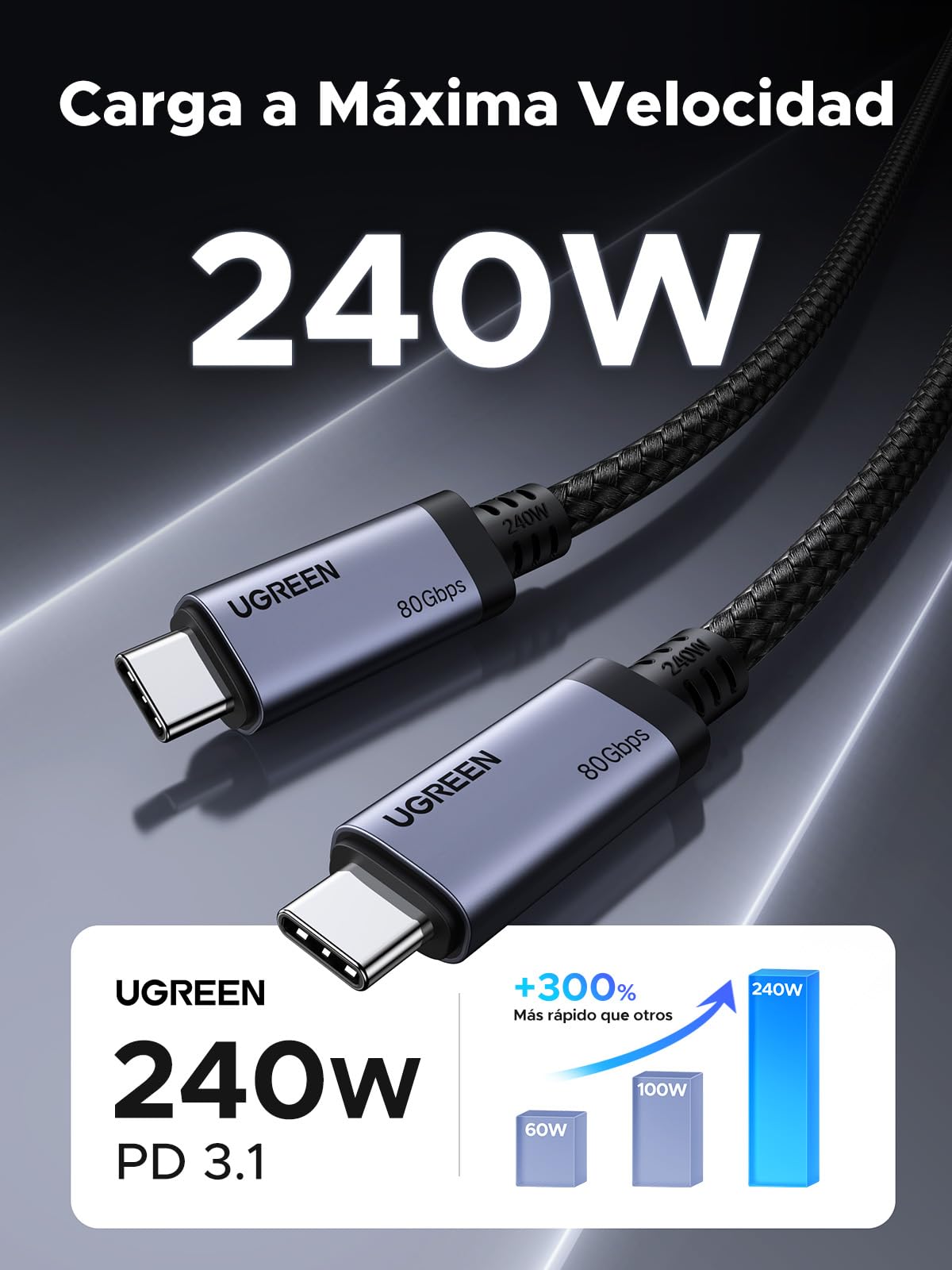 Cable USB C de Carga Rápida UGREEN 240W Gris 80 Gbps 16K 60Hz PD 3.1 Compatible Monitor Hub Dock 1M