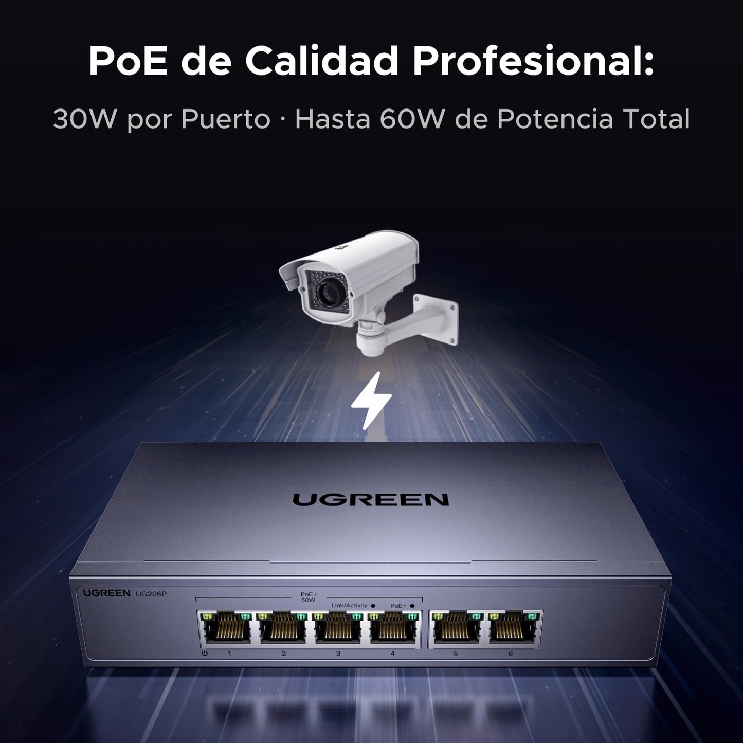 UGREEN Conmutador Ethernet de 6 Puertos, 4 PoE y 2 Enlace Ascendente de Gigabit, 60W, Metal durodero, conmutador de Red para Escritorio o Montaje en Pared, Ideal para cámara de Seguridad, teléfono IP