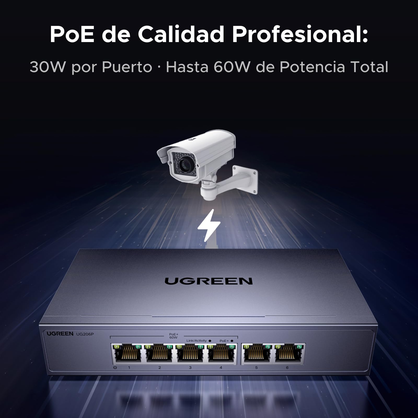 UGREEN Conmutador Ethernet de 6 Puertos, 4 PoE y 2 Enlace Ascendente de Gigabit, 60W, Metal durodero, conmutador de Red para Escritorio o Montaje en Pared, Ideal para cámara de Seguridad, teléfono IP
