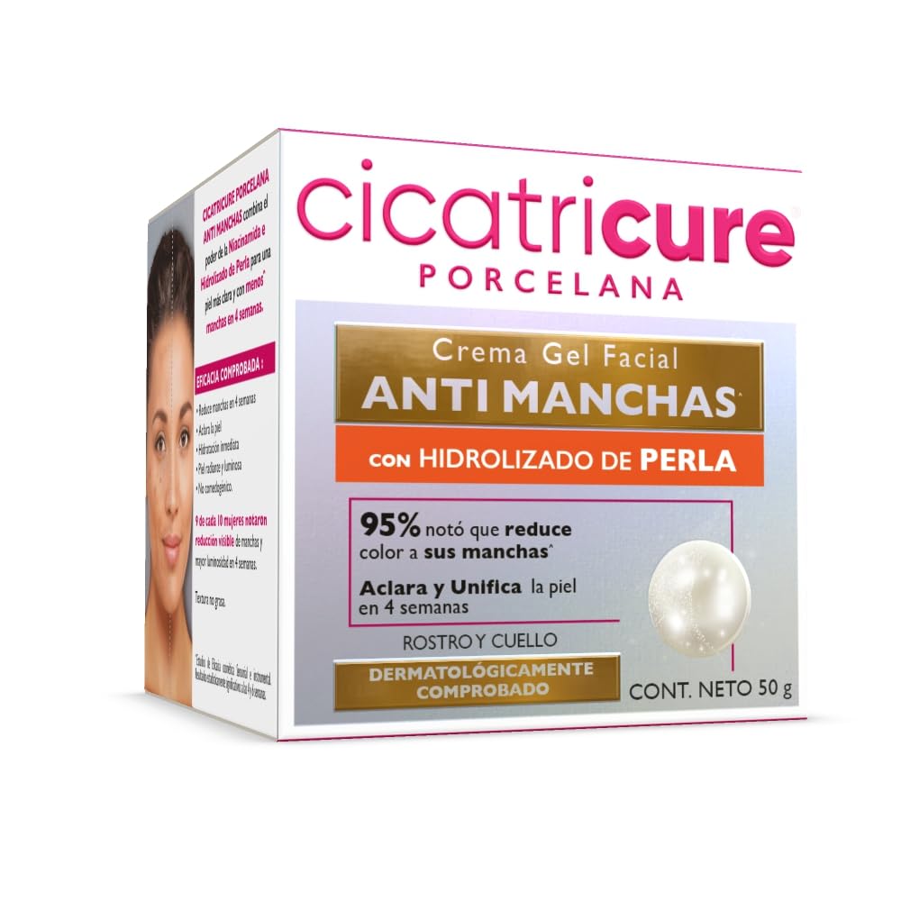 CICATRICURE - Porcelana Crema Gel Facial Anti-machas. Con Hidrolizado de perla, reduce manchas, aclara la piel y unifica el tono. Uso para rostro y cuello, presentación de 50g