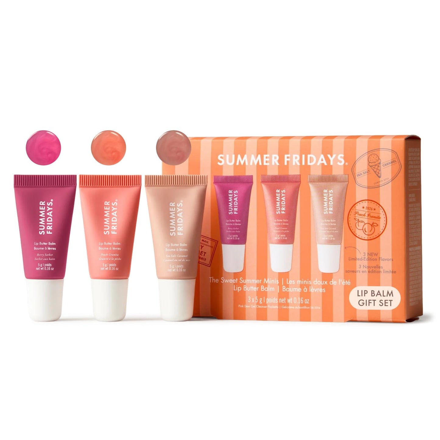Summer Fridays Sweet Summer Minis, Bálsamo Labial Lip Butter Balm, Berry Sorbet, Peach Granita y Sea Salt Caramel, Edición Limitada, 3 Piezas
