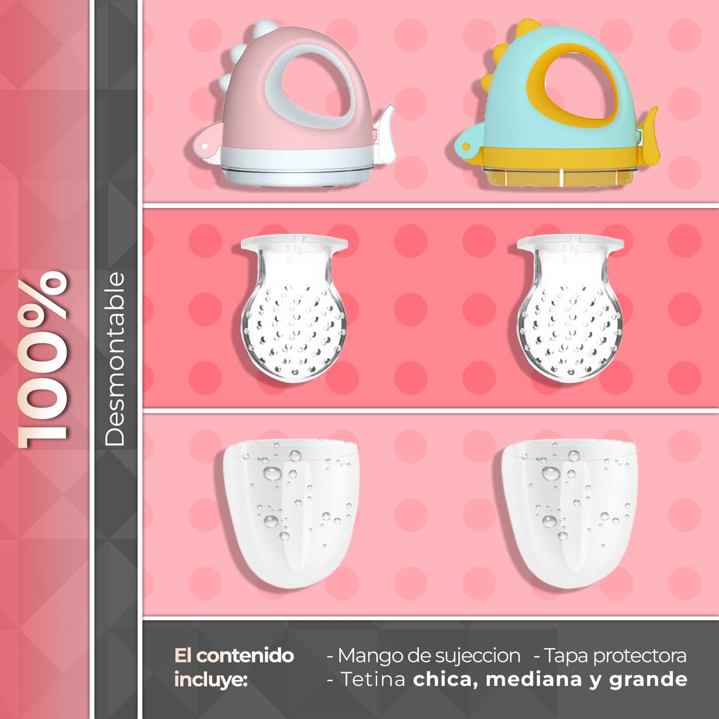 Chupón para Fruta y Papilla, con Seguro y Tapa, Diseños de Dinosaurio, 2 Piezas, Varios Colores y Libre de BPA, Para Niño y Niña | Rosa y Verde Amarillo