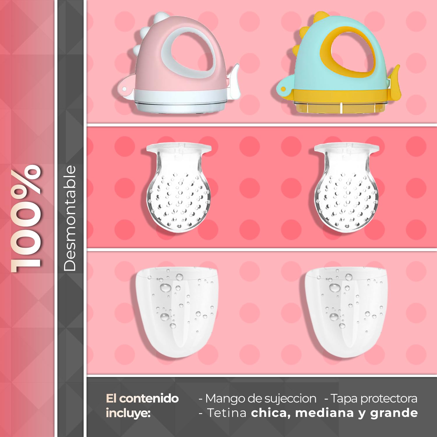 Chupón para Fruta y Papilla, con Seguro y Tapa, Diseños de Dinosaurio, 2 Piezas, Varios Colores y Libre de BPA, Para Niño y Niña | Rosa y Verde Amarillo