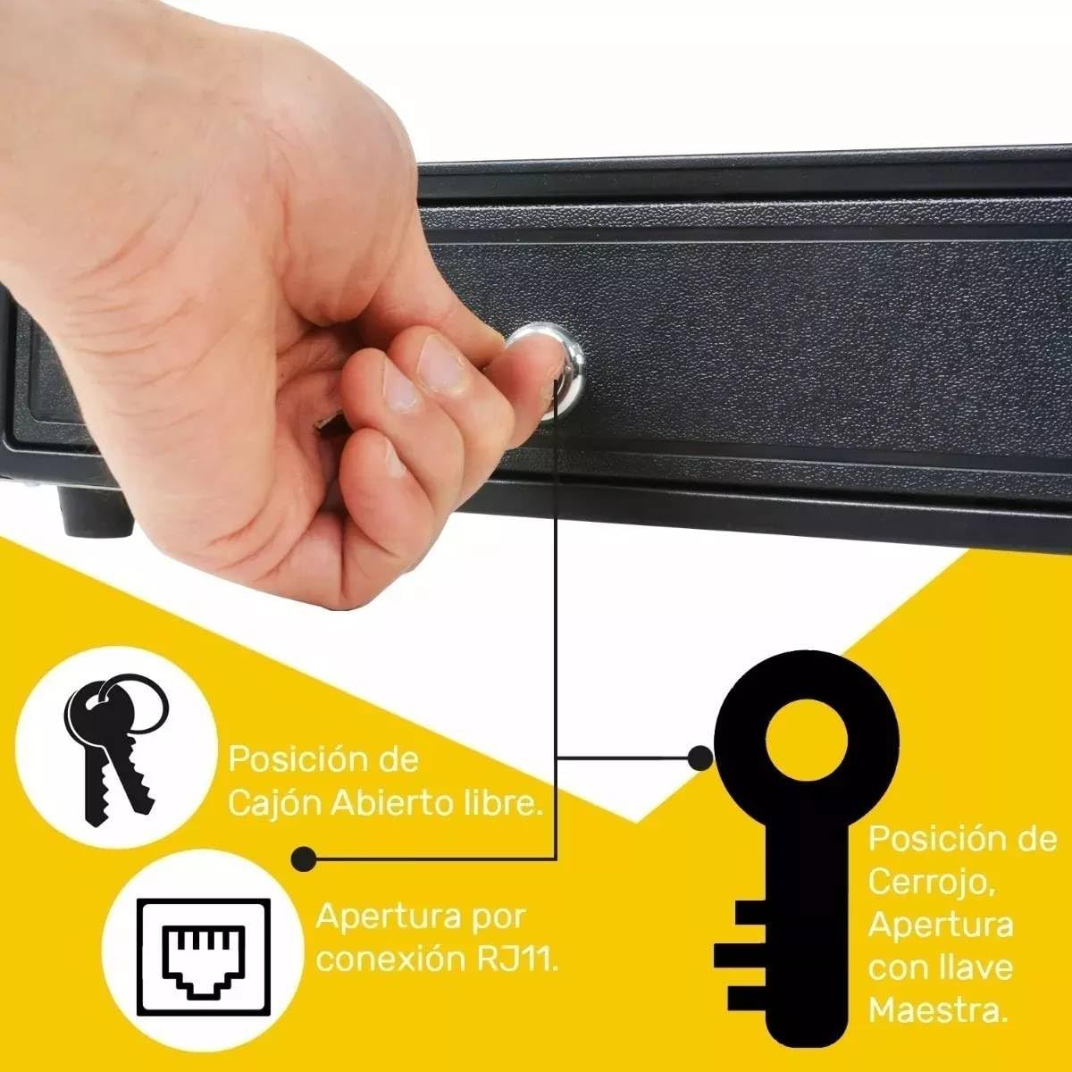 Cajon de Dinero Metalico Compartimento para 4 Billetes y 5 Monedas, Cable de Conexión RJ11 a Computadora o Impresora, Punto de Venta Caja Registradora