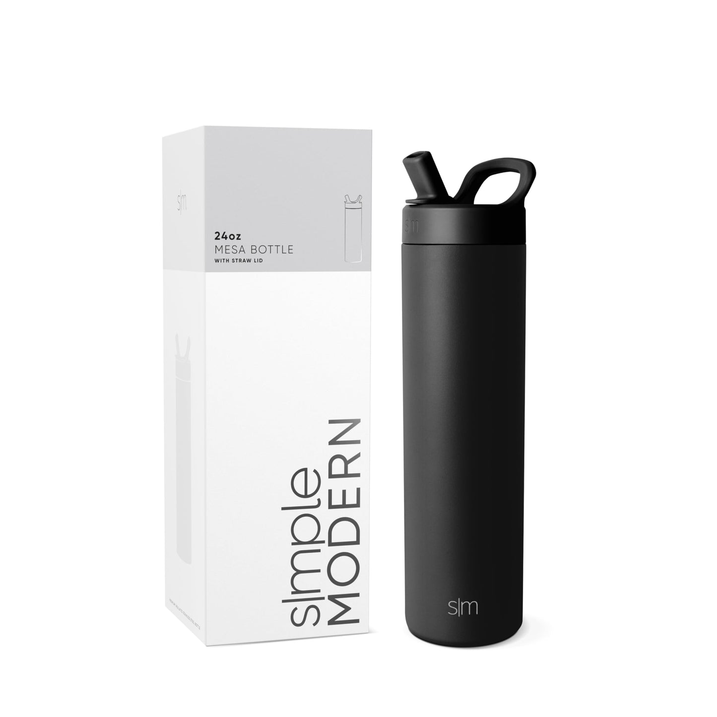 Botella de Agua Simple Modern Midnight Black Aislada de Acero Inoxidable con Tapa de Popote para Deportistas