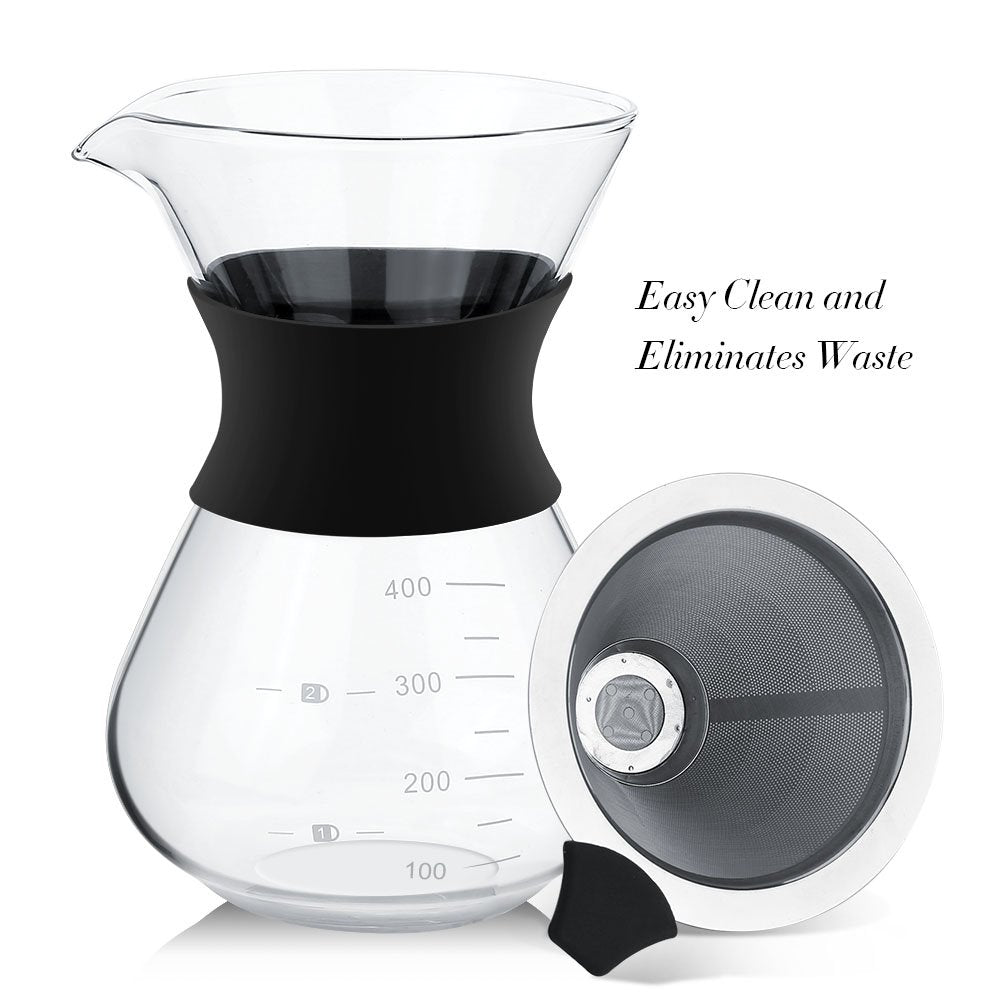 Cafetera, cafetera de Vidrio con Filtro Permanente de Acero Inoxidable.Cafetera Manual Dripper 400ml