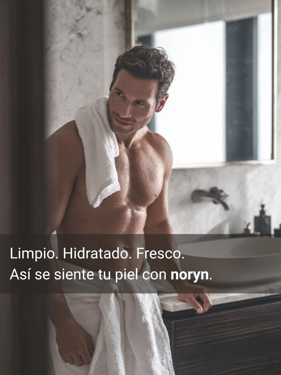 noryn Body Wash para Hombres 480 ml. Fórmula natural con mandarina y bergamota. Limpia, humecta y revitaliza la piel, aportando frescura inmediata.
