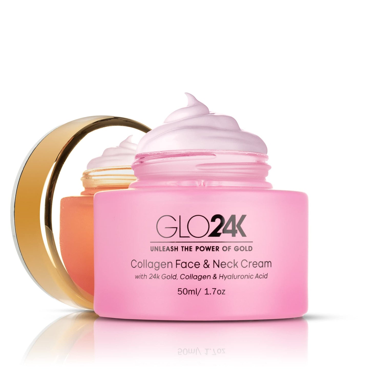 Crema de colágeno para rostro y cuello GLO24K con oro de 24k, colágeno y ácido hialurónico. Aumente los niveles de colágeno de su piel para una piel radiante y resplandeciente.