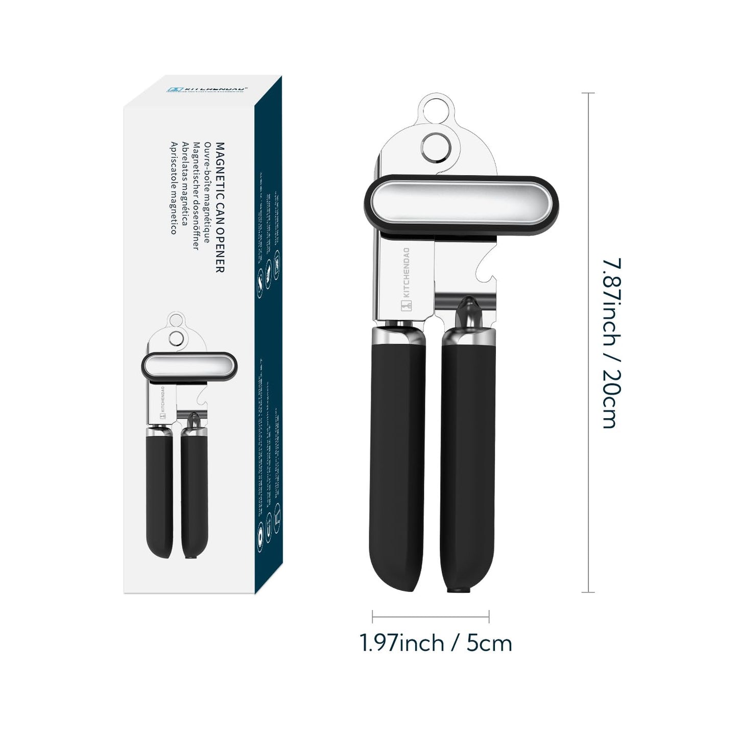 KITCHENDAO Abrelatas manual, abridor de latas de mano con imán, rueda de corte súper afilada para un corte de borde suave, perilla de gran tamaño de agarre para personas mayores y artritis, Negro