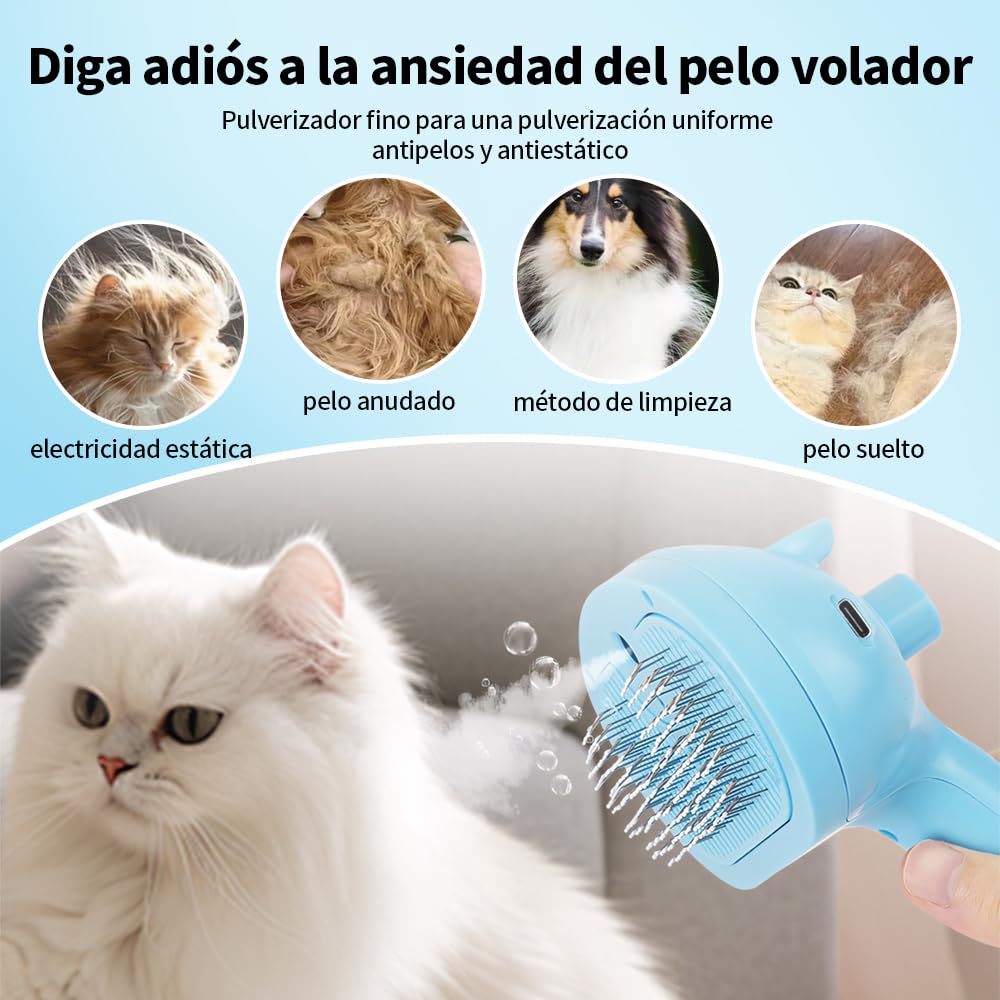 JESWO 2 en 1 Cepillo Eléctrico para Gato/Perro con Nano Vapor + Luz Azul Antibacteriana, Peine para Perro Auto Limpieza, para Depilación, Masaje y Peinado de Mascotas