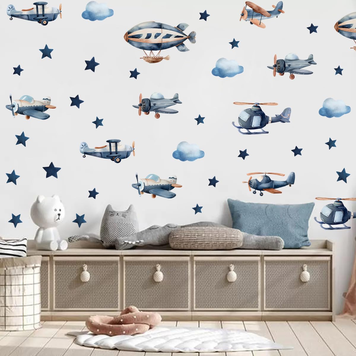Calcomanías de pared de aviones, calcomanías de pared para habitación de niños, helicópteros, lanchas de avión, nubes, decoración mural de estrellas, calcomanía extraíble para habitación de niños
