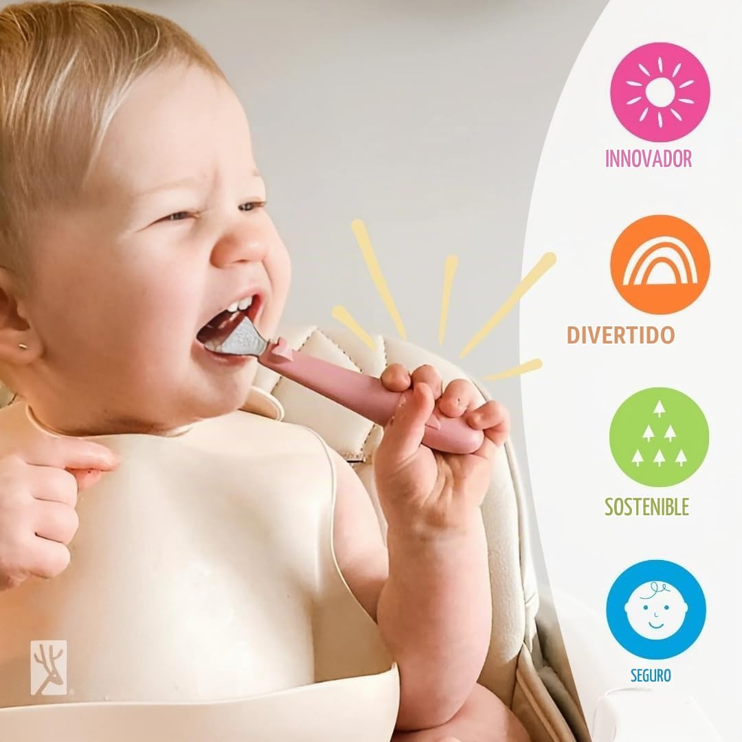 Elk and Friends - Cubiertos seguros para niños | Set de 6 piezas de acero inoxidable con mango de silicona | Cubiertos para niños pequeños | Cucharas de bebé + tenedores