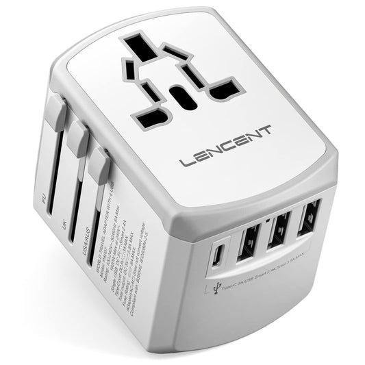 LENCENT Adaptador Universal de Viaje, 17.5W Adaptador de Corriente Europeo con 4 Puertos USB (1 UBS C), Travel Essentials para el Reino Unido, Europa, Americano, Argentina, Australia, Blanco