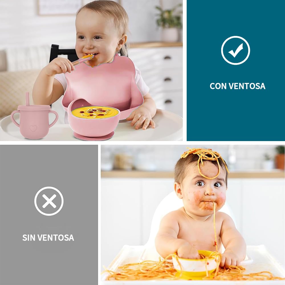 FINYQBET Platos Para Bebés De Silicona Con Tazón Cuchara Tenedor Babe,Set de 8 Piezas para Bebés,Plato para Bebe con Ventosas, Ajustable,Rosa