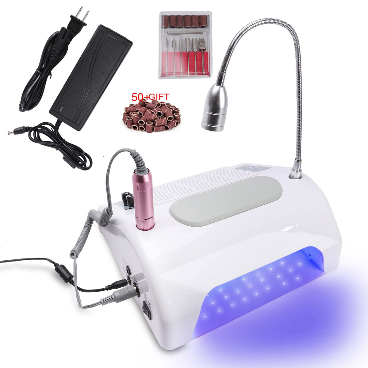 Máquina de Arte de Uñas Multifuncional Eléctrica con Taladro, Colector de Polvo, Lámpara de Secado UV de 48 W/96 W y Lámpara de Escritorio LED