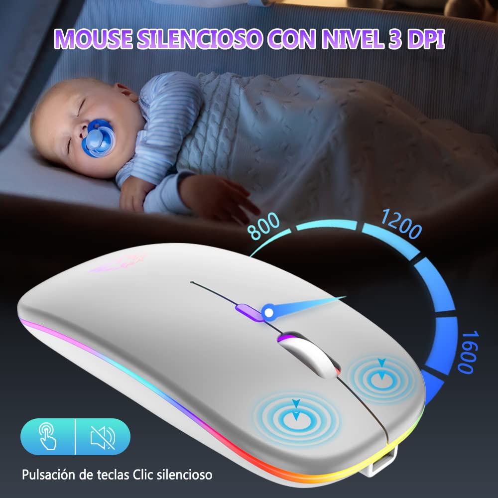 Free wolf X15 Mouse Inalámbrico, Wireless óptico Recargable 2.4 G Ergonómico Silencioso Click con Receptor USB 3(800/1200/1600) Ajustable dpi Ratón para Computadora,Portátil,PC,Mac (Plata)
