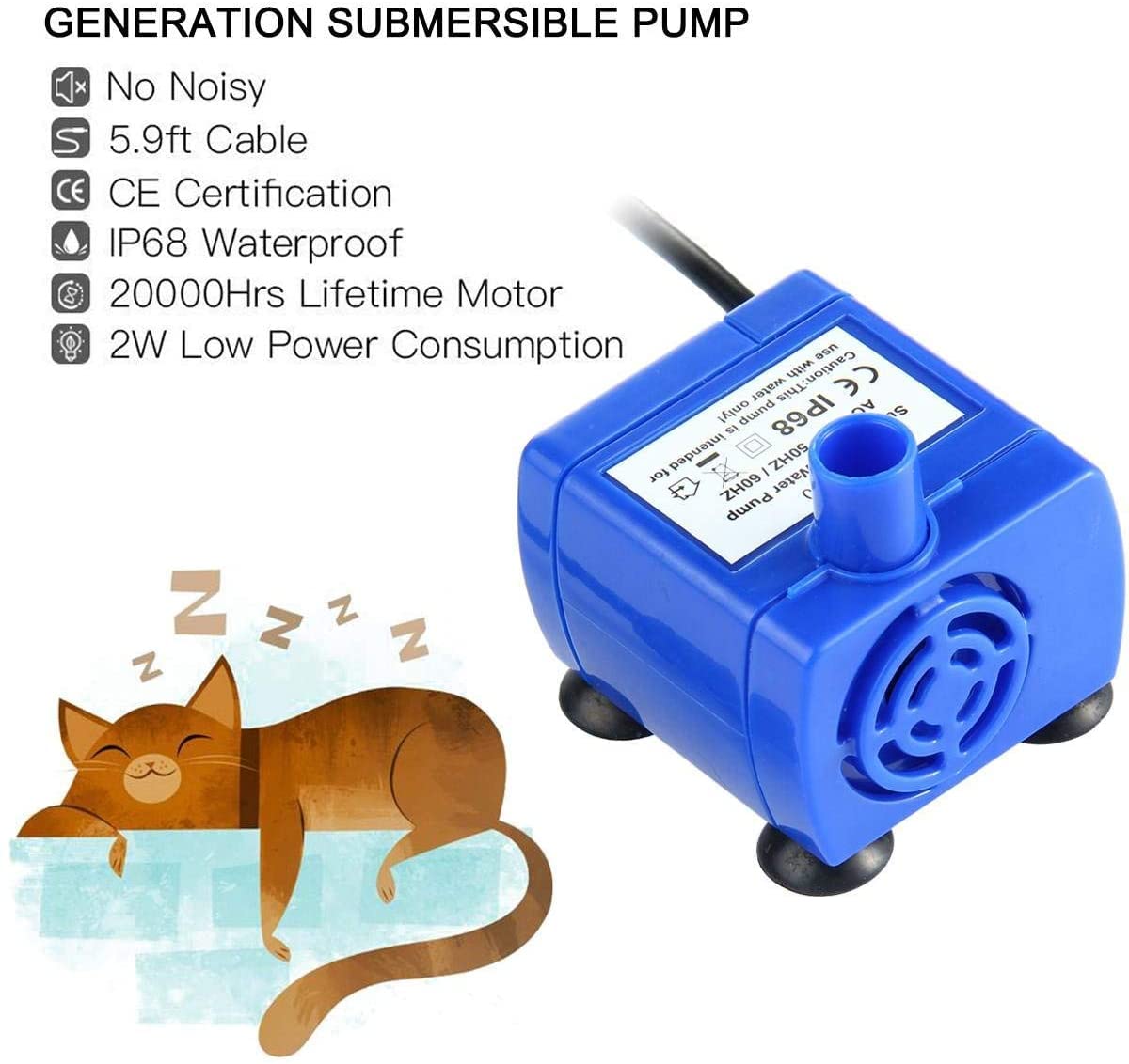 Bomba de agua eléctrica sumergible ultra silenciosa de nueva generación Cable largo de 5.9 pies Motor de bajo consumo de energía Compatible para fuentes de flores para mascotas, azul
